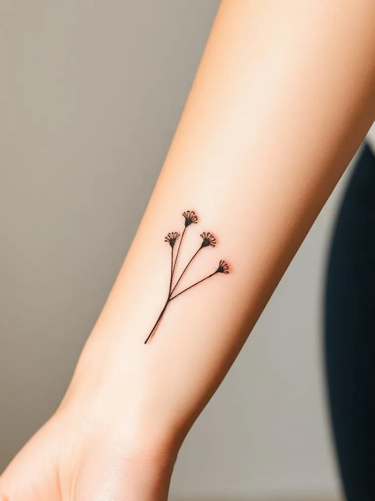 Fine line botanical wildflower tattoo on forearm